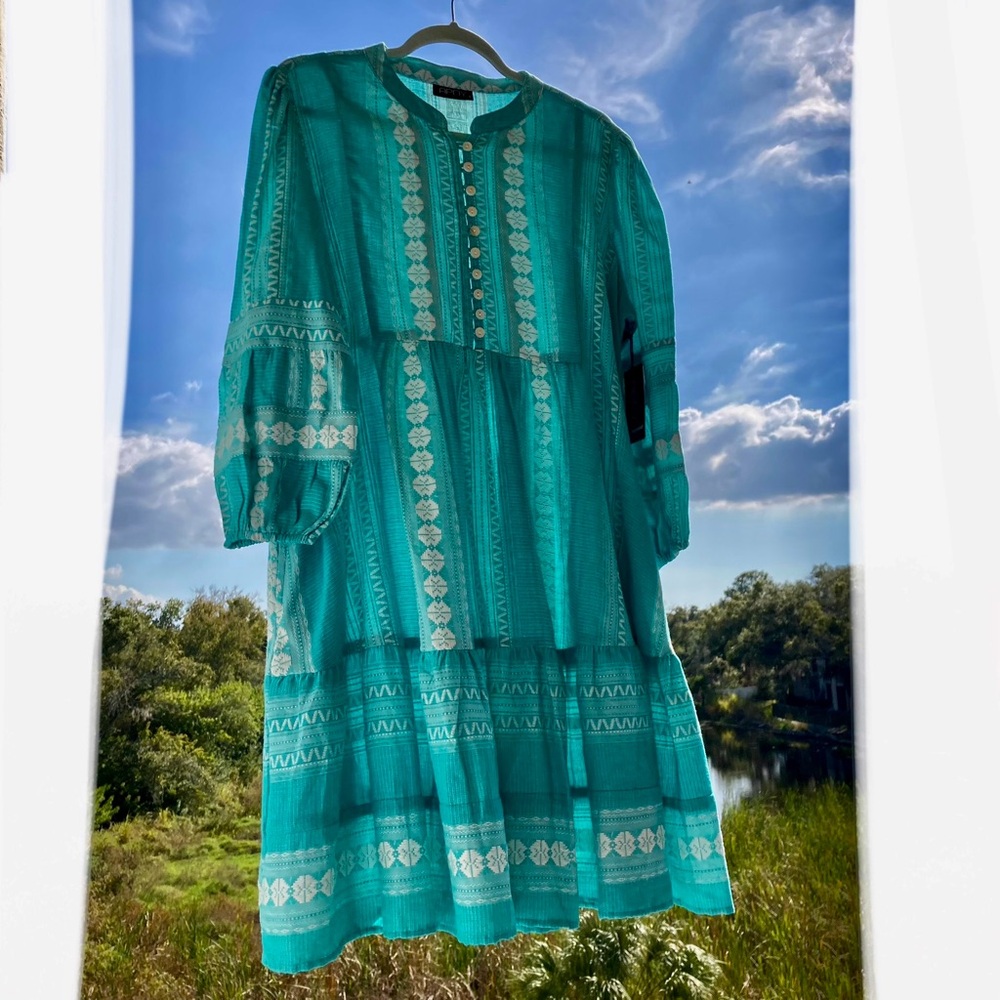 NWT TURQUOISE DRESS WITH WHITE EMBROIDERY COTTON SUMMER VINTAGE RETRO style SZ:L